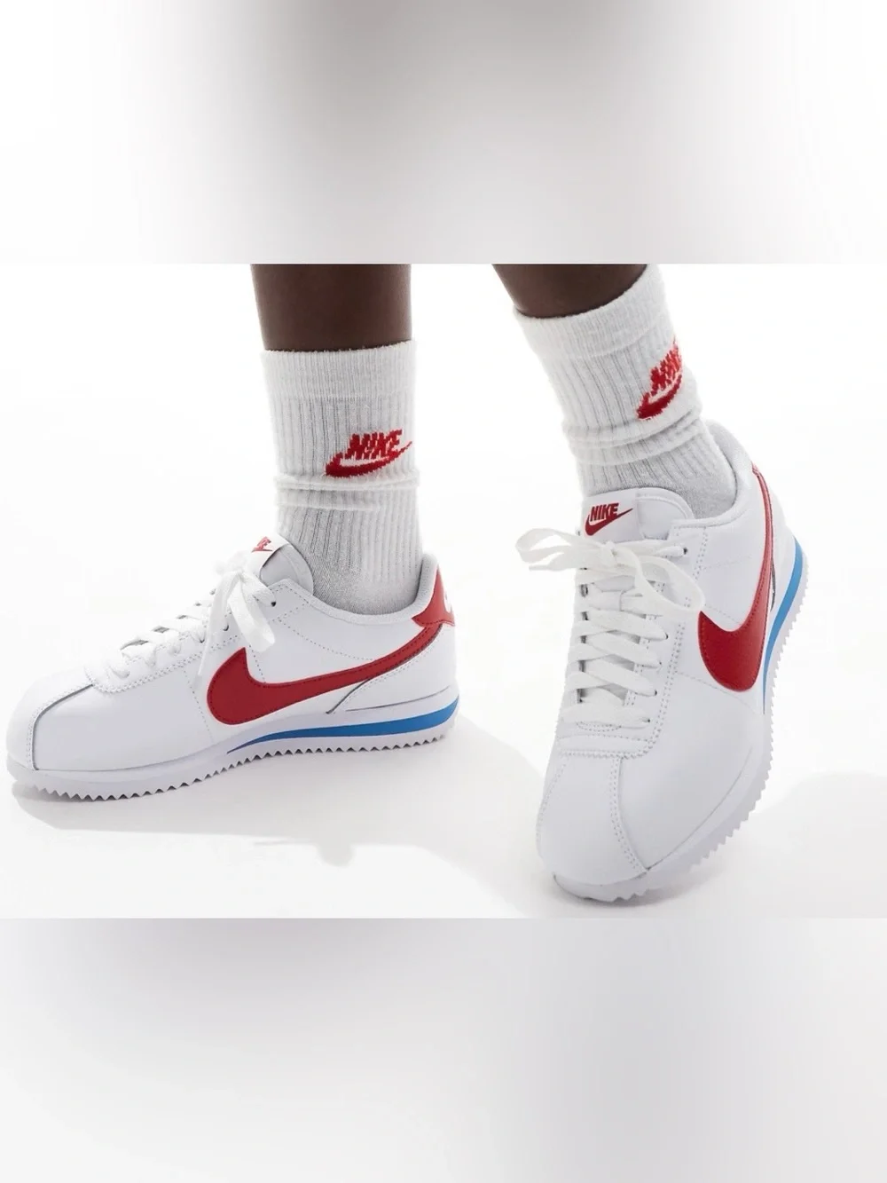 Nike Classic Cortez White Sneakers with Red Swoosh and Blue Accent Men’s